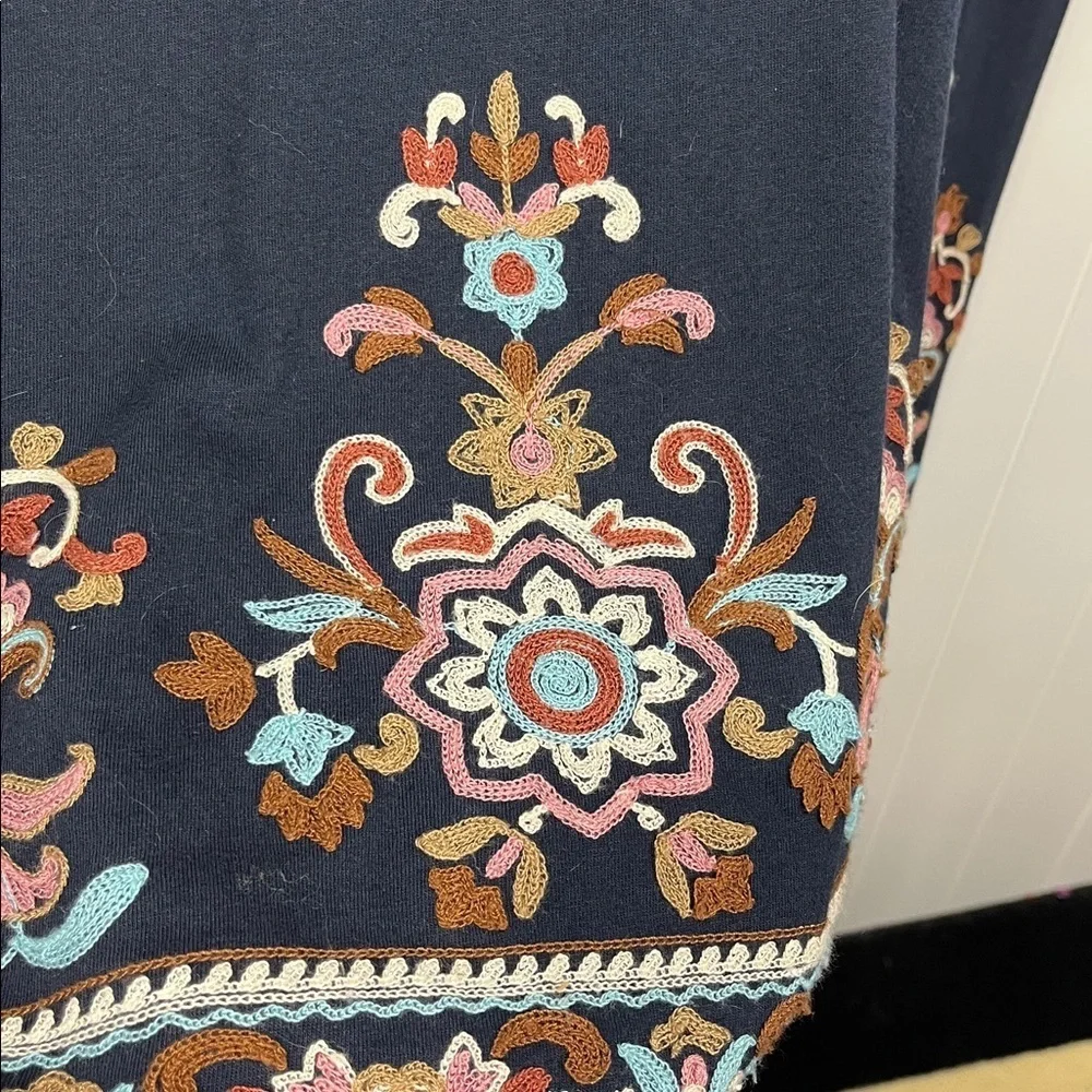 J. Jill Womens Midi Dress L Navy w/Pink & Brown Embroidery 3/4 Sleeves Pullover - Picture 5 of 11